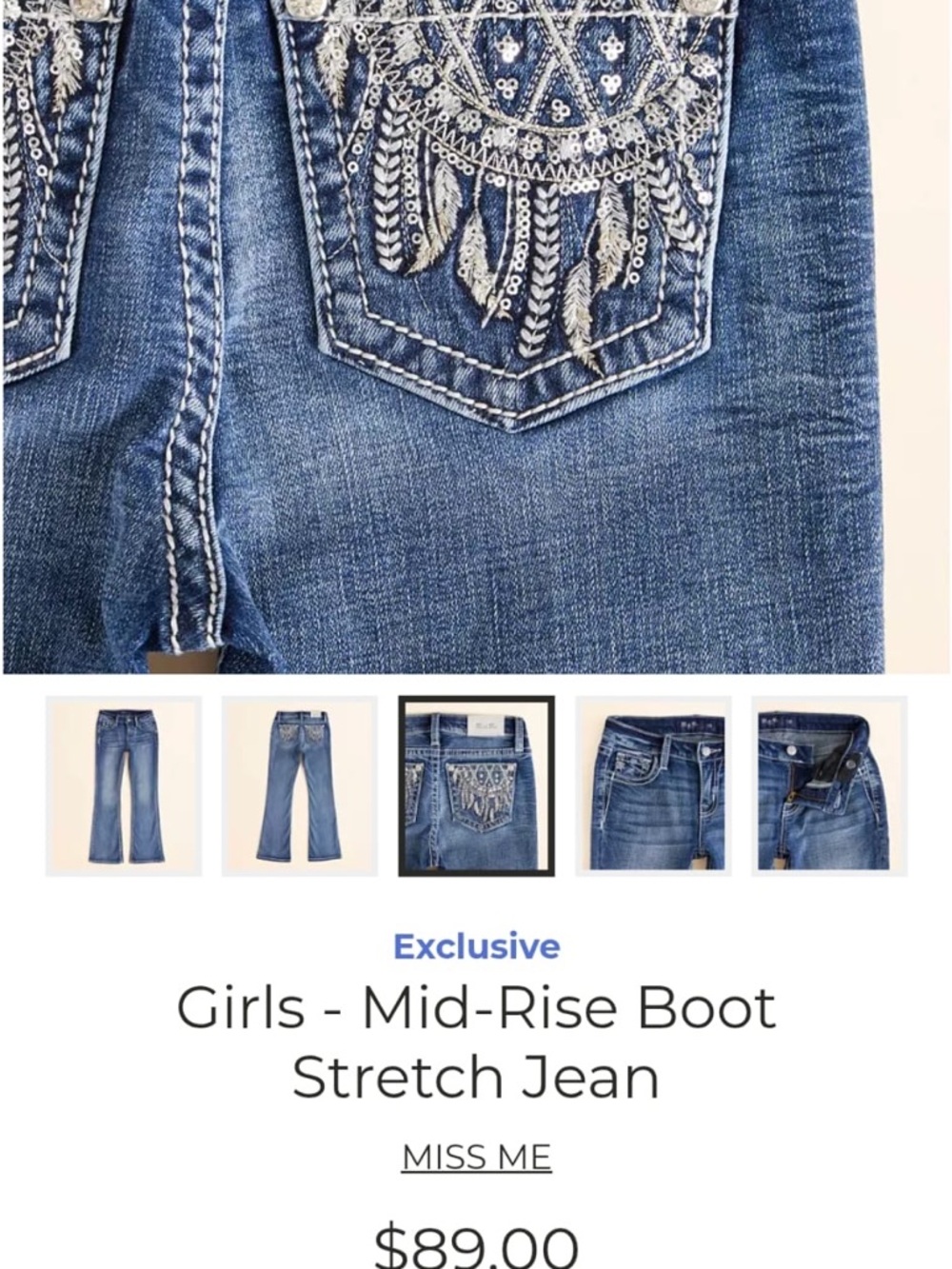 Miss Me Girls Mid-Rise Bootcut Jeans in Blue with Embroidered Pockets